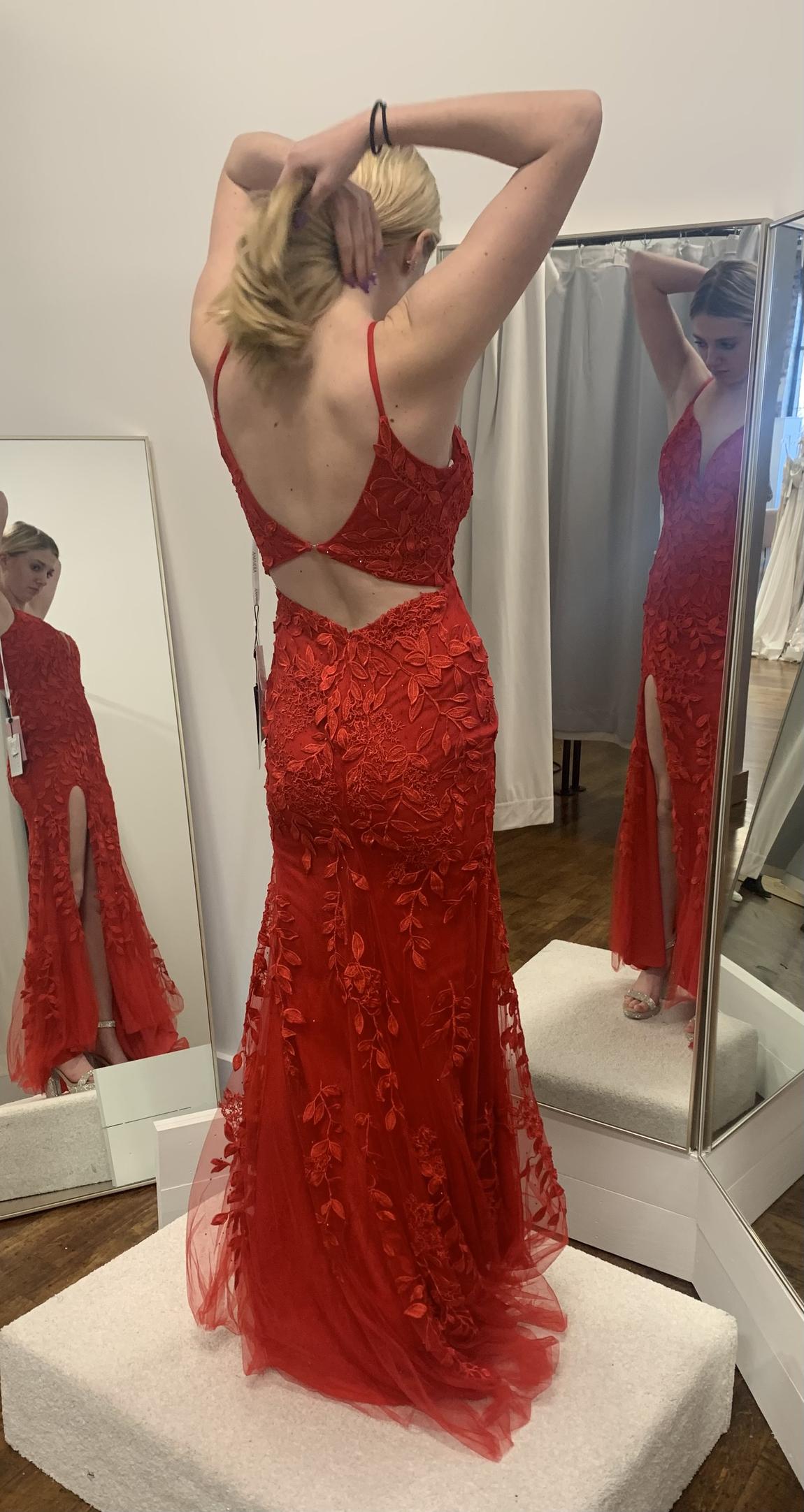 Size 4 Prom Lace Red Side Slit Dress on Queenly