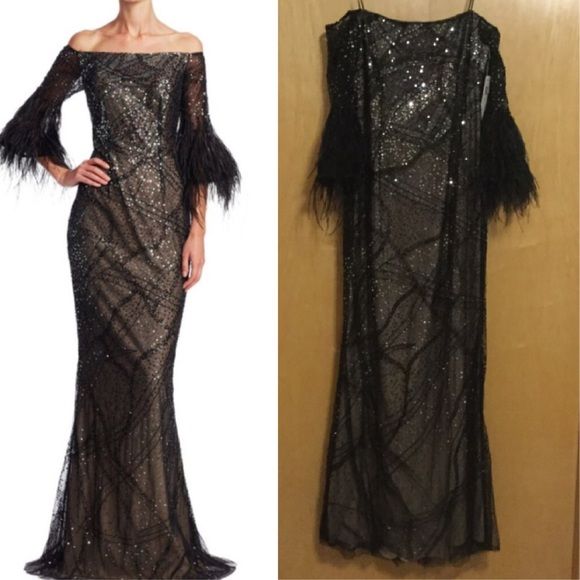 Rickie Freeman for Teri Jon Size 12 Long Sleeve Sequined Black Mermaid Dress on Queenly