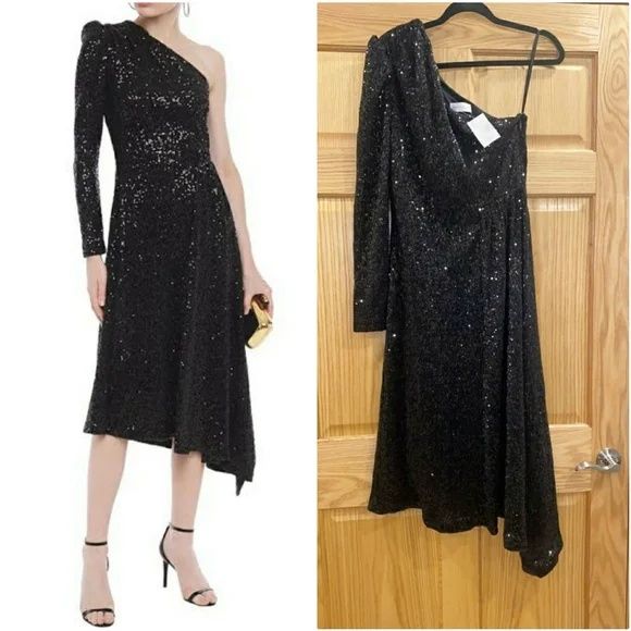 Rebecca Vallance Size 8 One Shoulder Sequined Black Cocktail Dress on Queenly