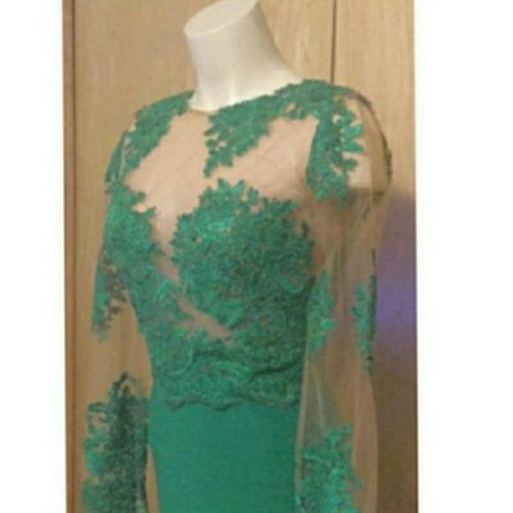 Nicole Bakti Size 8 Long Sleeve Satin Green Dress With Train on Queenly