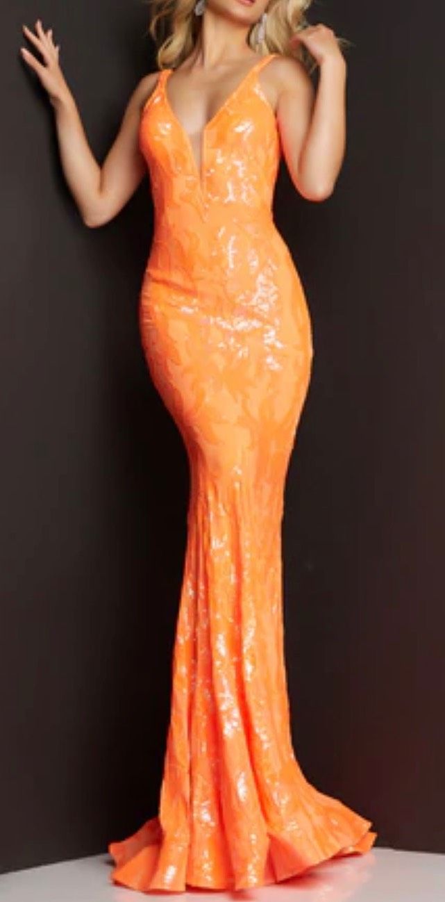 Jovani Size 0 Prom Plunge Orange Mermaid Dress on Queenly