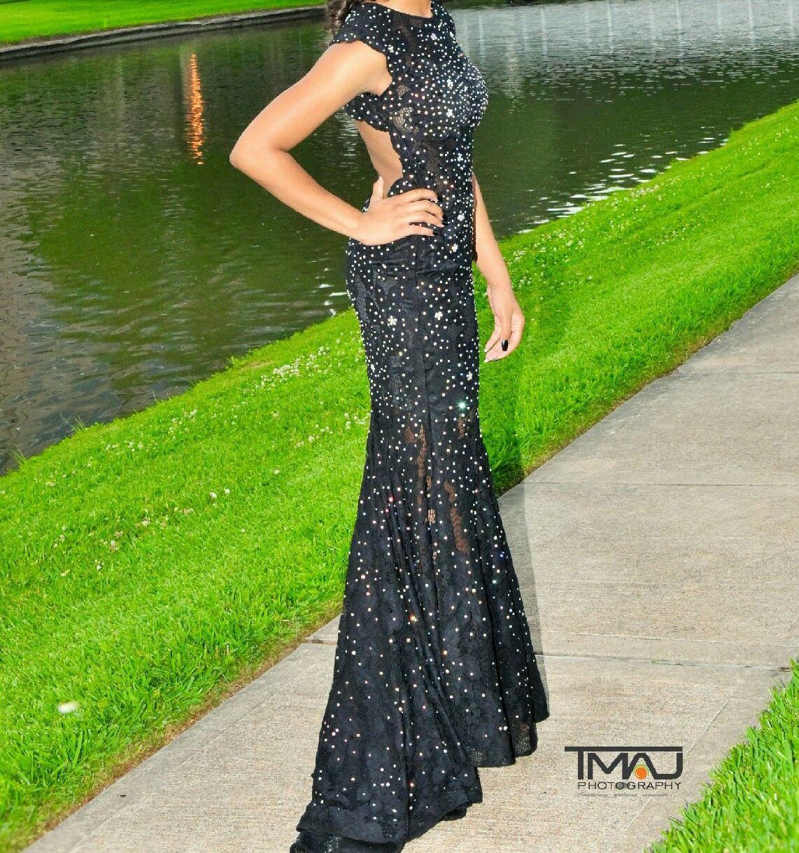 Jovani Size 6 Prom High Neck Sequined Black Dress With Train on Queenly