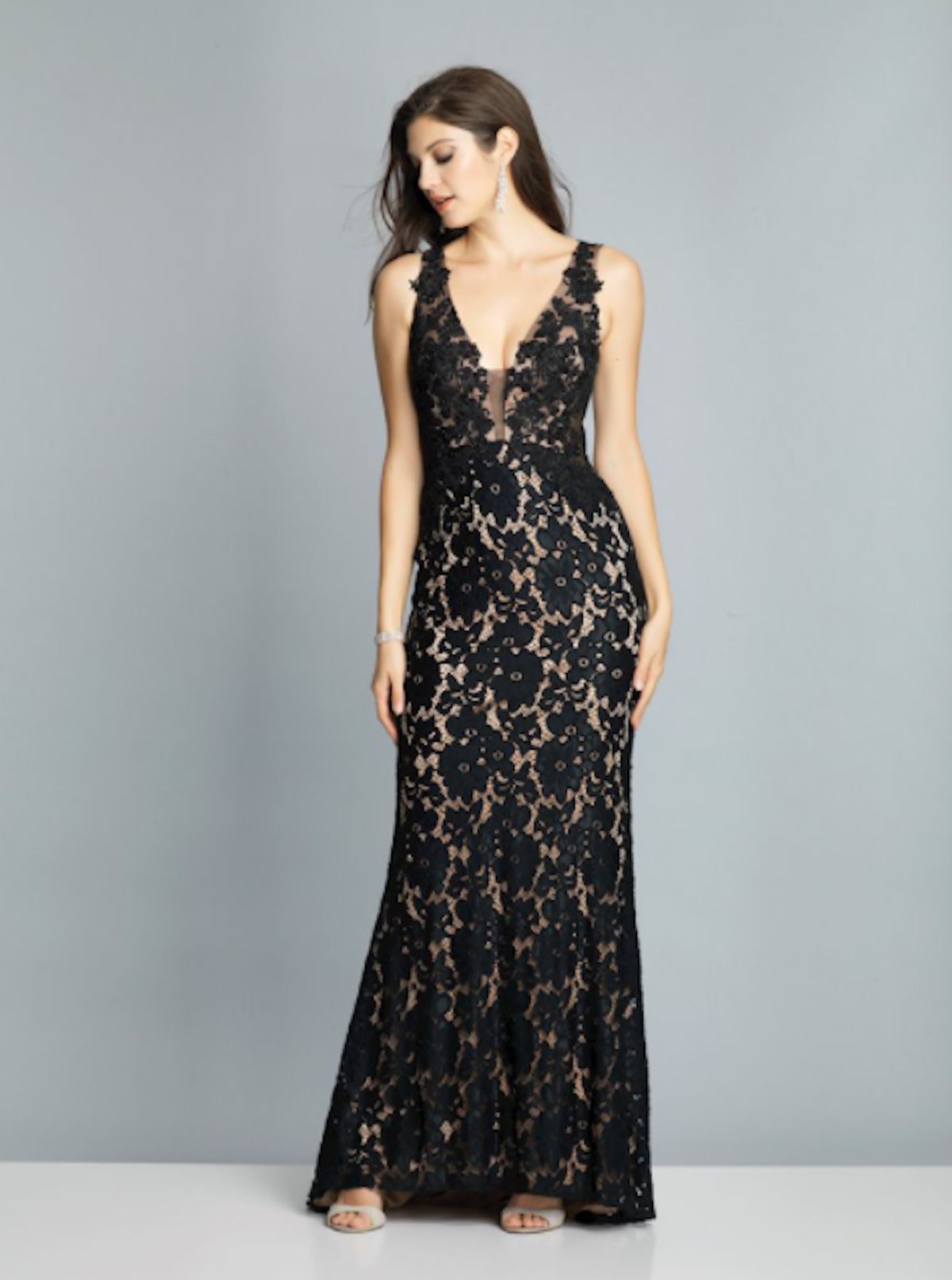 Style 2109  Dave and Johnny Size 10 Wedding Guest Lace Black Floor Length Maxi on Queenly