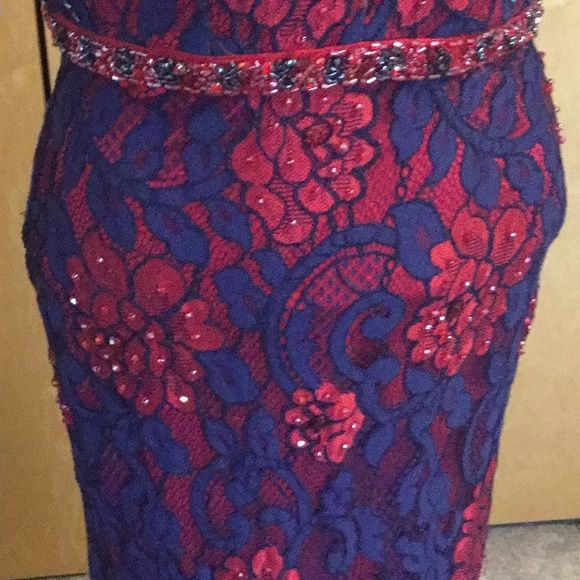 Jovani Size 4 Prom Plunge Lace Navy Multicolor Mermaid Dress on Queenly