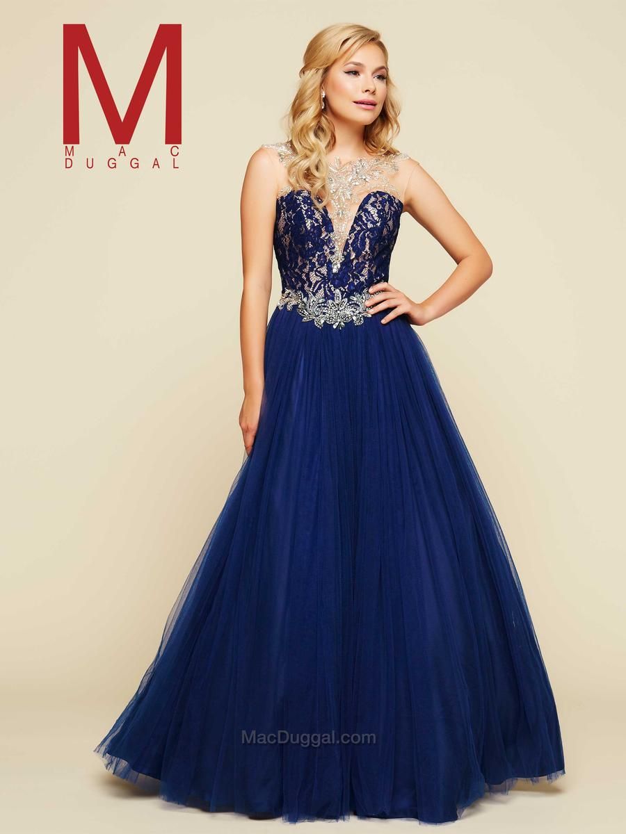 Style 65376H Mac Duggal Size 10 Prom Lace Navy Blue Ball Gown on Queenly