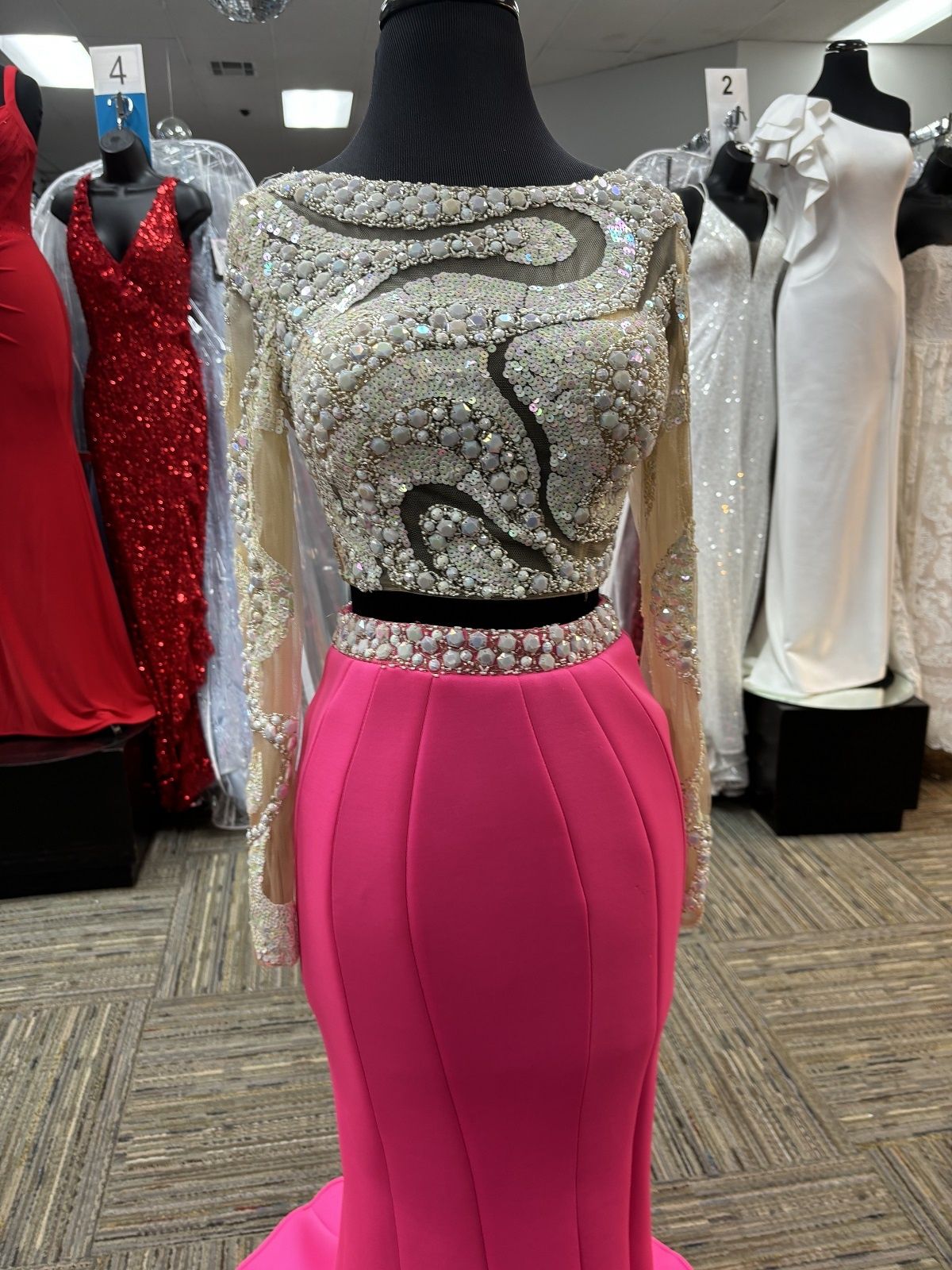Style 85474A Mac Duggal Size 0 Prom Long Sleeve Sequined Hot Pink Mermaid Dress on Queenly