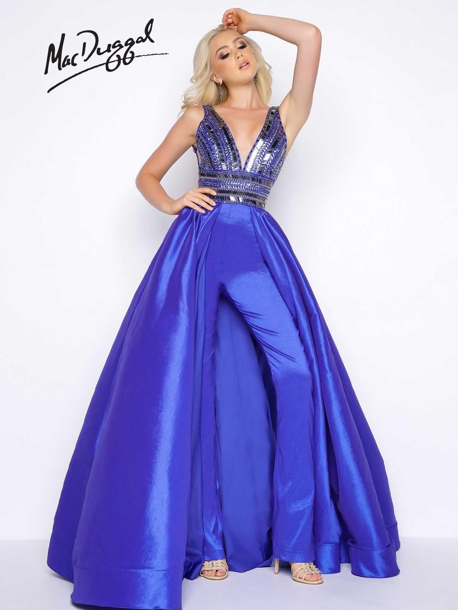 Style 48463A Mac Duggal Size 12 Pageant Plunge Satin Royal Blue Formal Jumpsuit on Queenly
