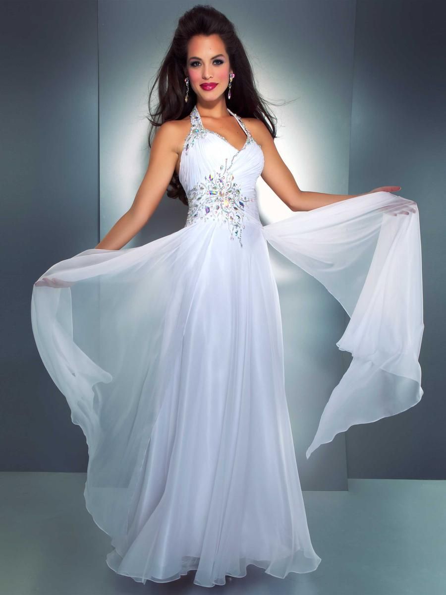 Style 4939A Mac Duggal Size 14 Prom Halter Sequined White A-line Dress on Queenly