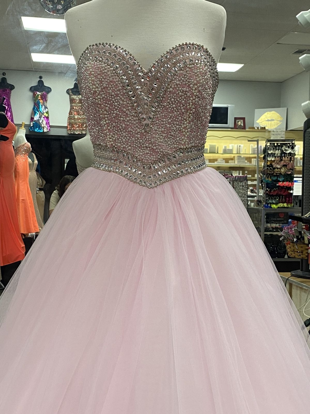 Style Q532 Madison James Size 4 Prom Sequined Light Pink Ball Gown on Queenly