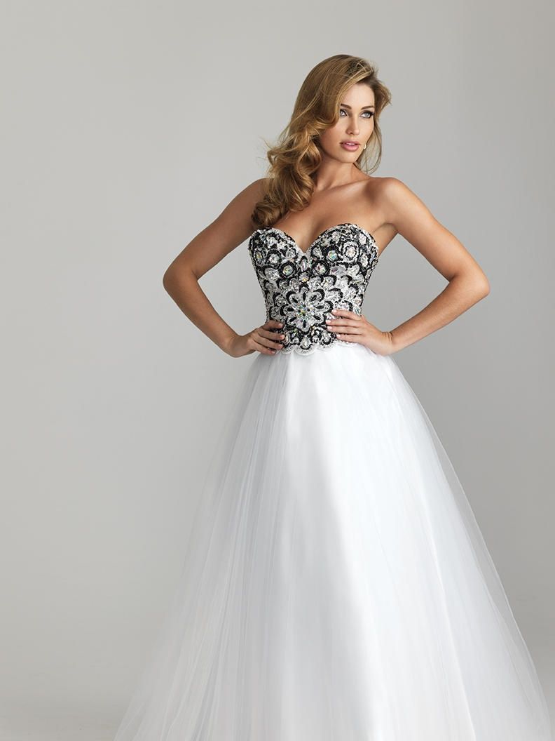 Style 6626 Madison James Size 14 Prom Strapless Sequined White Ball Gown on Queenly