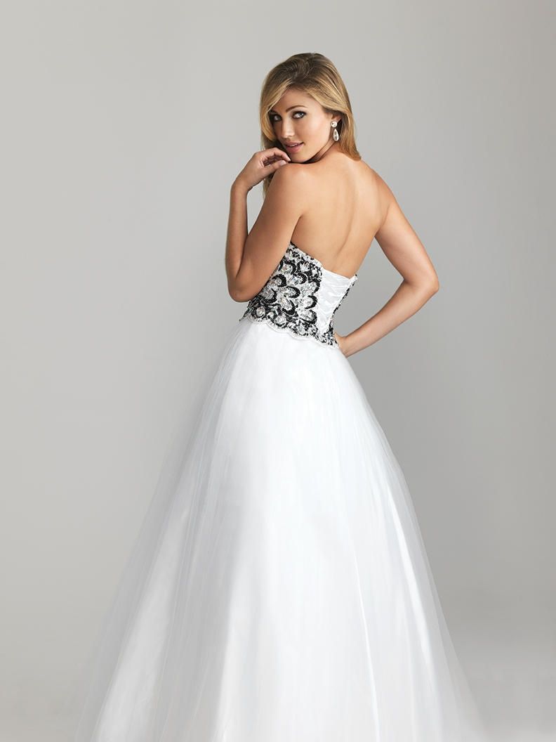Style 6626 Madison James Size 14 Prom Strapless Sequined White Ball Gown on Queenly