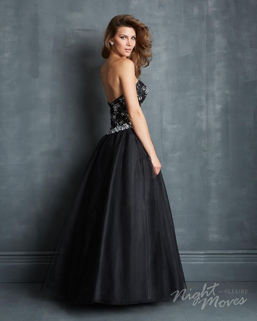 Style 7036 Madison James Size 8 Strapless Lace Black Ball Gown on Queenly