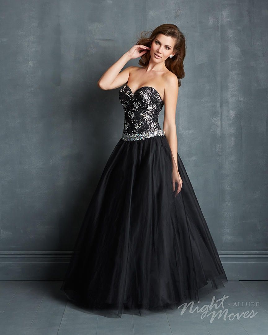 Style 7036 Madison James Size 8 Strapless Lace Black Ball Gown on Queenly