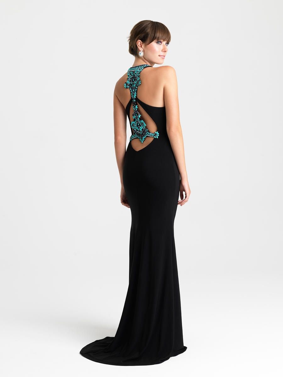 Style 16-346 Madison James Size 6 Turquoise Black Side Slit Dress on Queenly