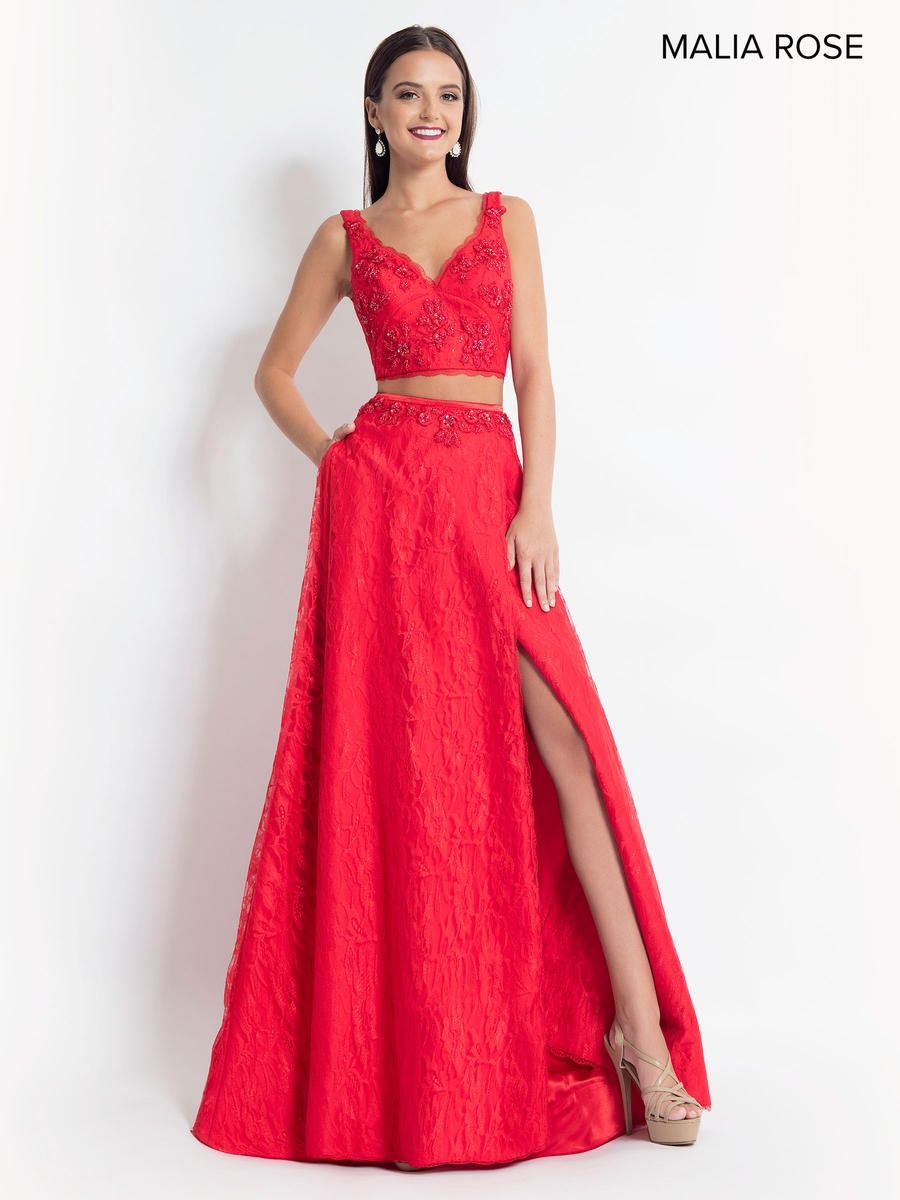 Style MP1006 Malia Rose Size 4 Prom Lace Red Side Slit Dress on Queenly