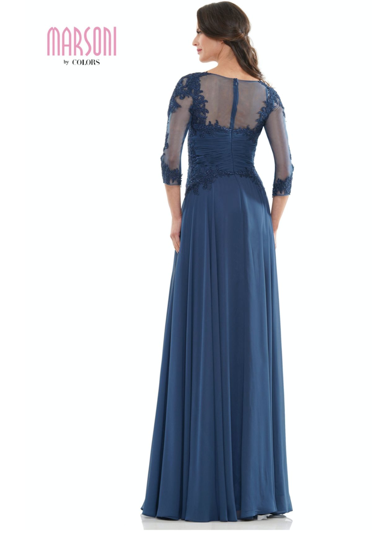 Style 237 Marsoni Size 6 Prom Long Sleeve Lace Navy Blue A-line Dress on Queenly