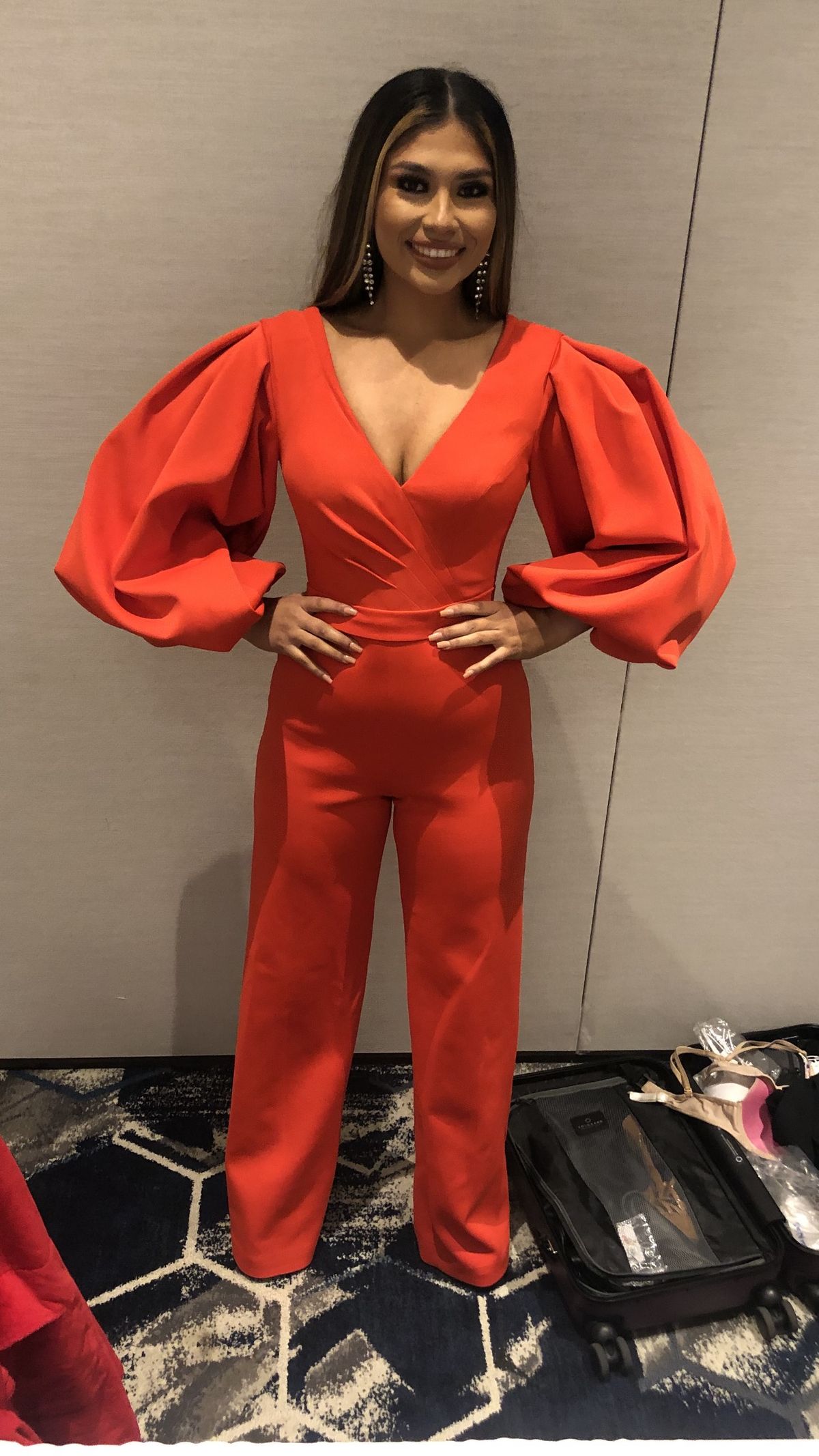 Jovani Size 4 Pageant Interview Long Sleeve Red Formal Jumpsuit on Queenly
