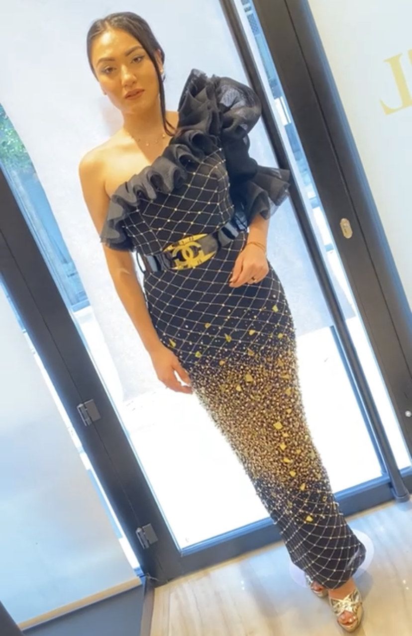 Gold and Black Size 4 Prom One Shoulder Sequined Black Floor Length Maxi on Queenly