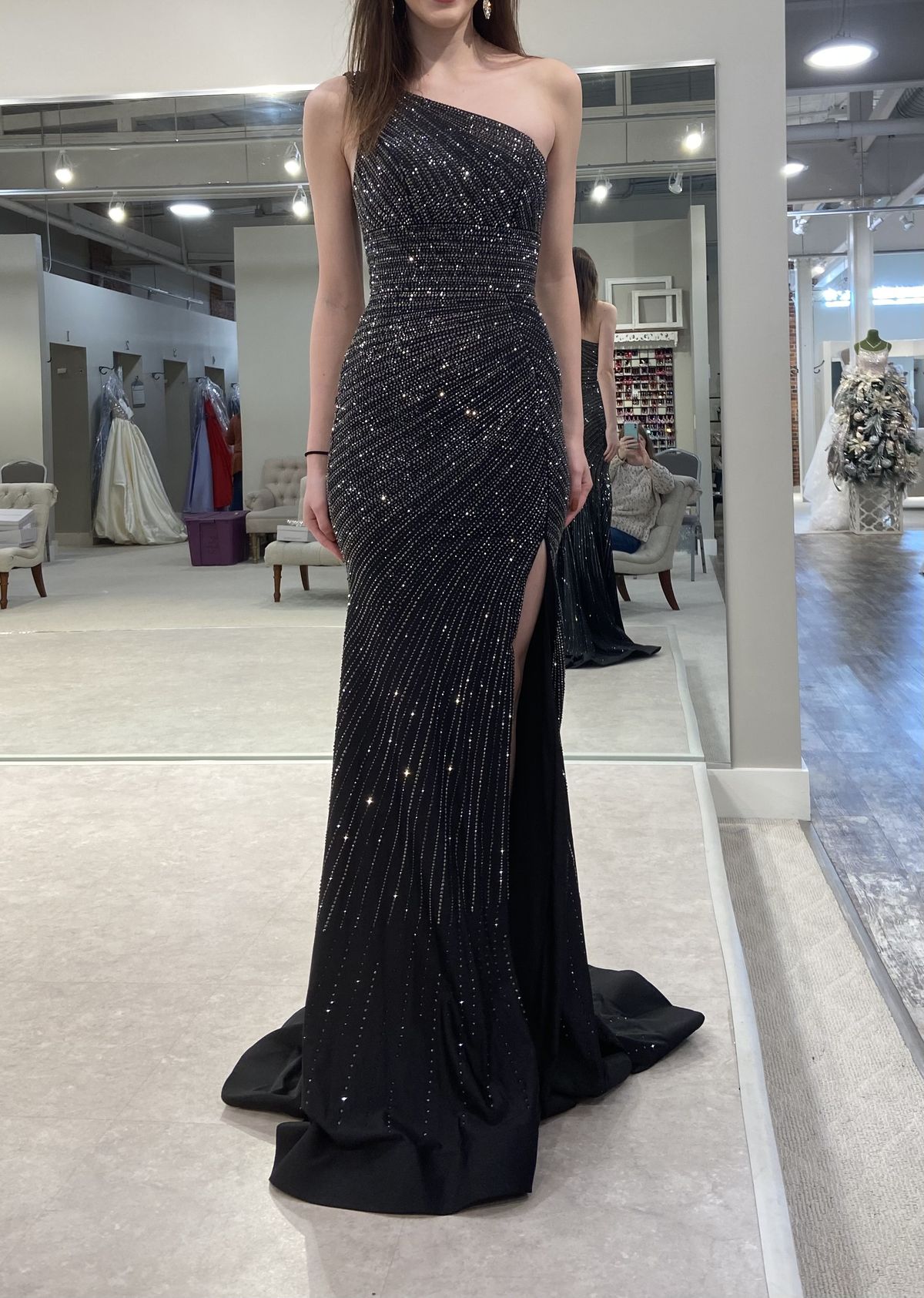 Sherri Hill Size 00 Prom One Shoulder Sequined Black Side Slit Dress on Queenly