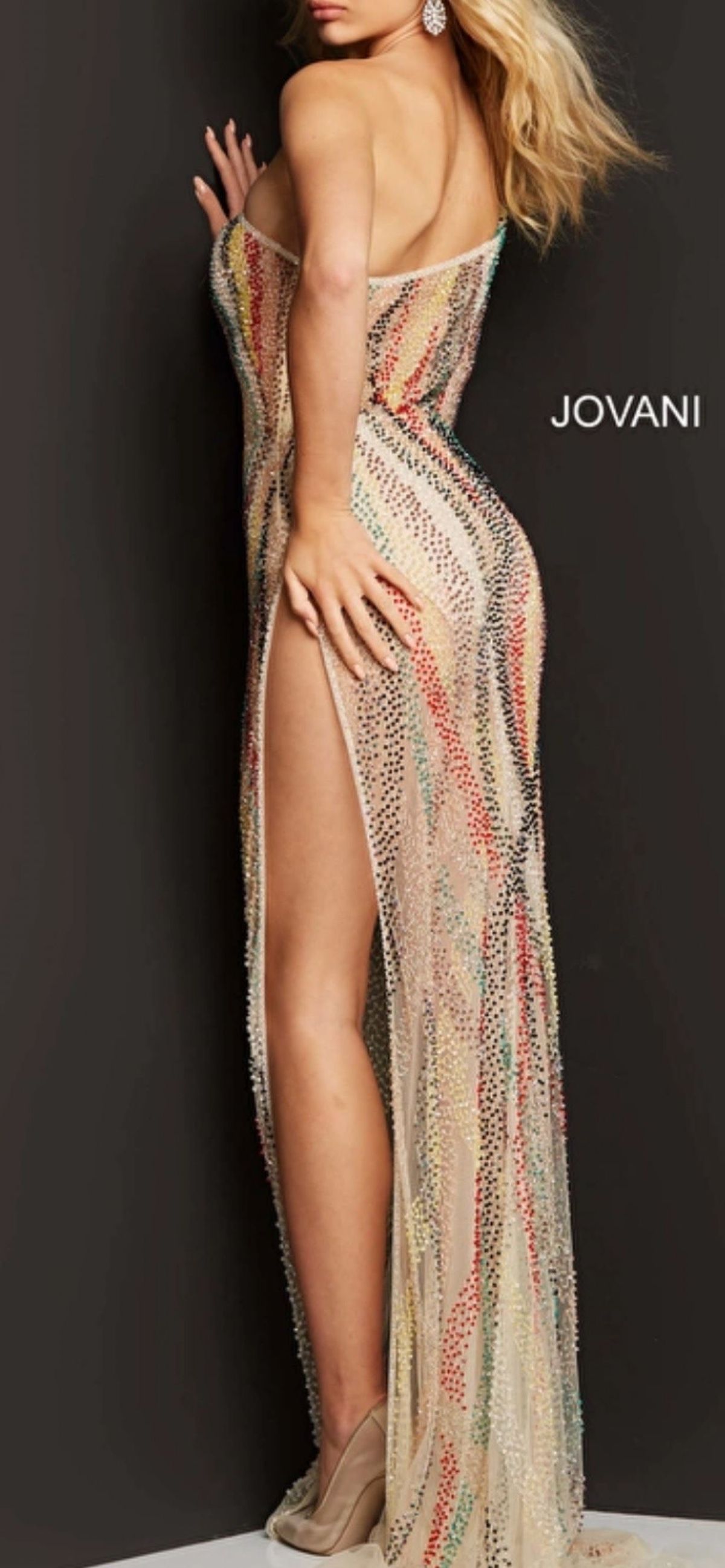 Jovani Size 4 Prom One Shoulder Sequined Multicolor Side Slit Dress on Queenly