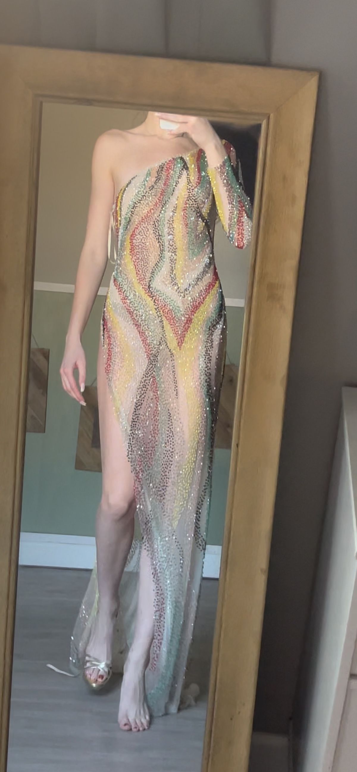 Jovani Size 4 Prom One Shoulder Sequined Multicolor Side Slit Dress on Queenly