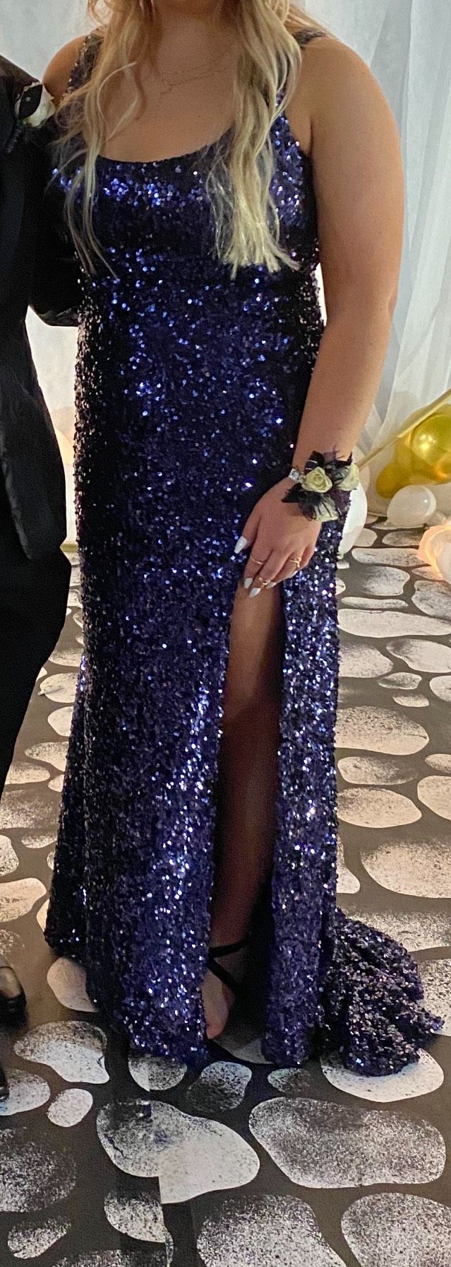 Size 12 Prom Sequined Royal Blue Side Slit Dress on Queenly
