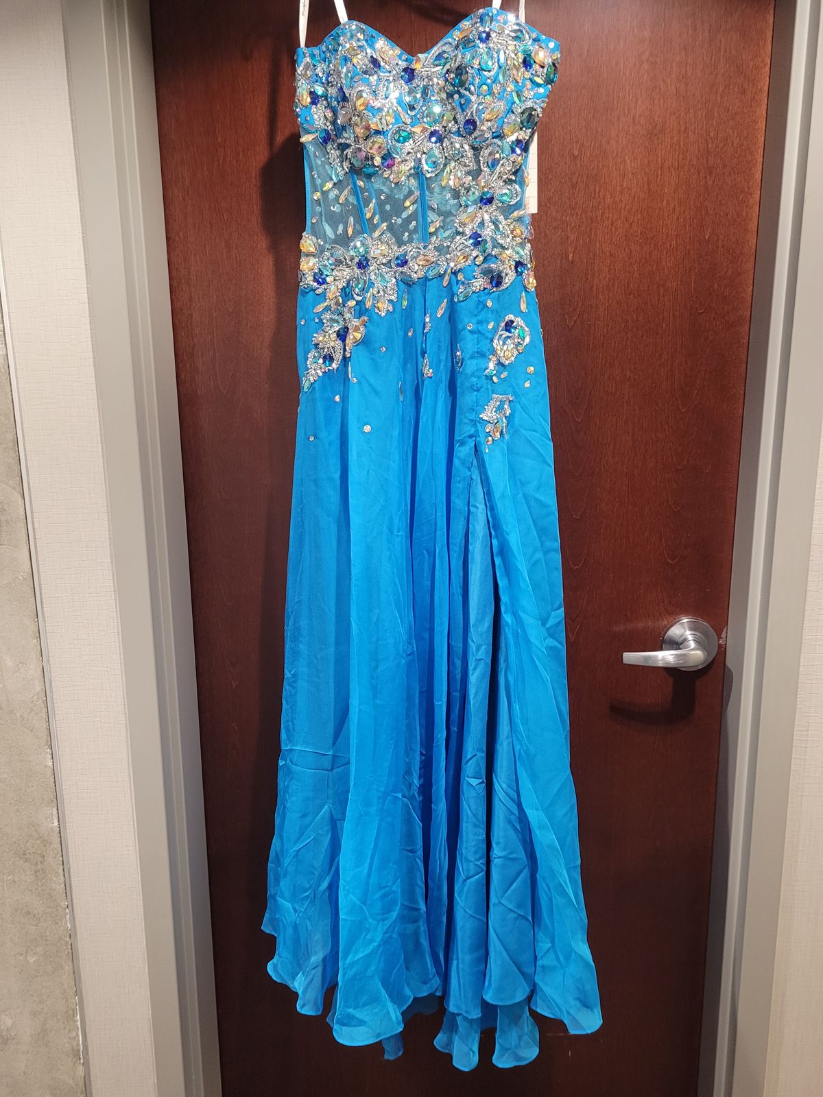 Style 6497 Partytime Formals/Rachel Allan Size 8 Turquoise Blue Side Slit Dress on Queenly
