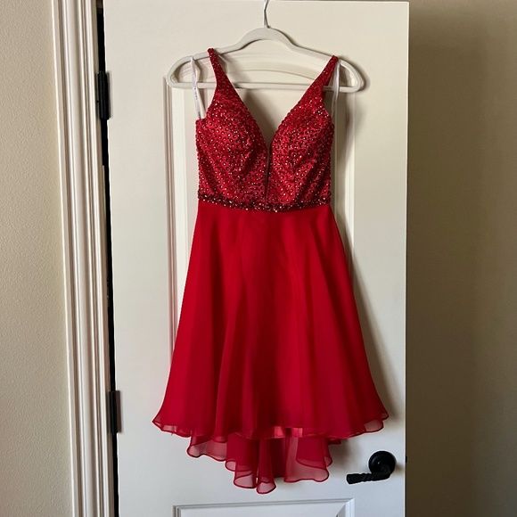 Style Swarovski Upgrade Chiffon Sherri Hill Red Cocktail with added Swarovski Stones Size 4 Red Cocktail Dress on Queenly