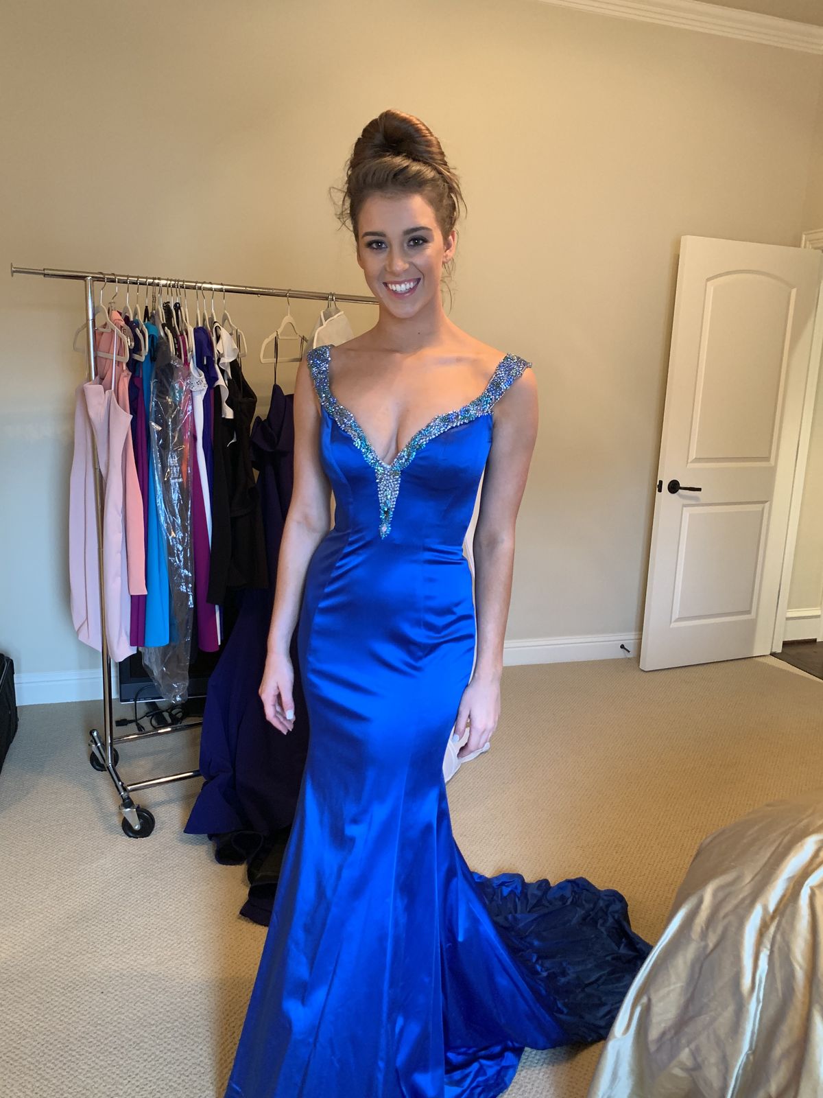 Style Original with Terry Costa  Sherri Hill Size 6 Prom Satin Royal Blue Dress With Train on Queenly