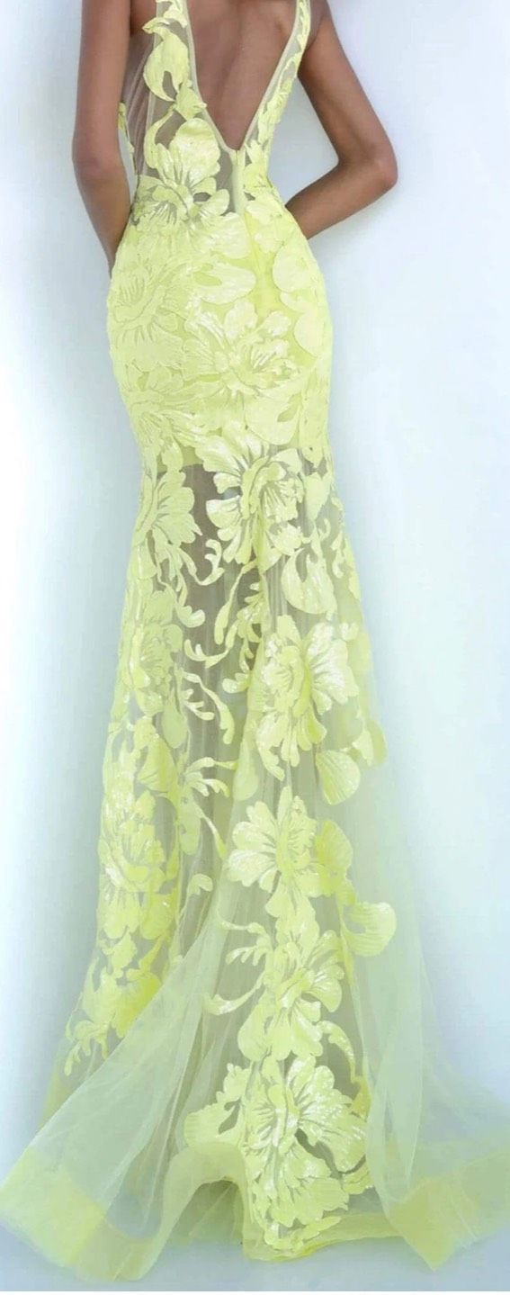 Jovani Size 0 Prom Plunge Floral Yellow Mermaid Dress on Queenly