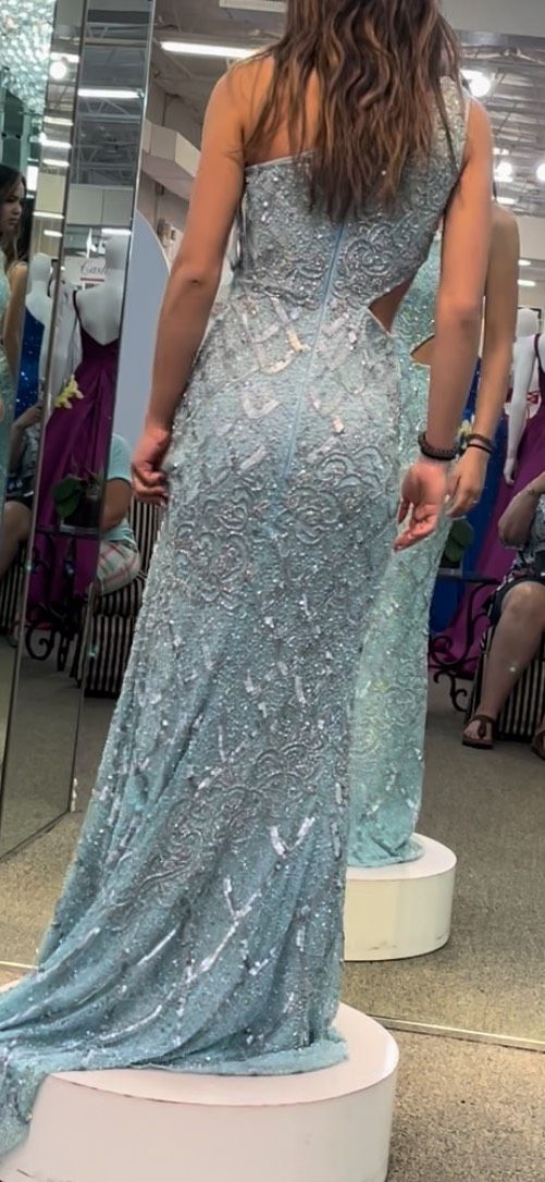 Size 00 Prom One Shoulder Sequined Light Blue Floor Length Maxi on Queenly