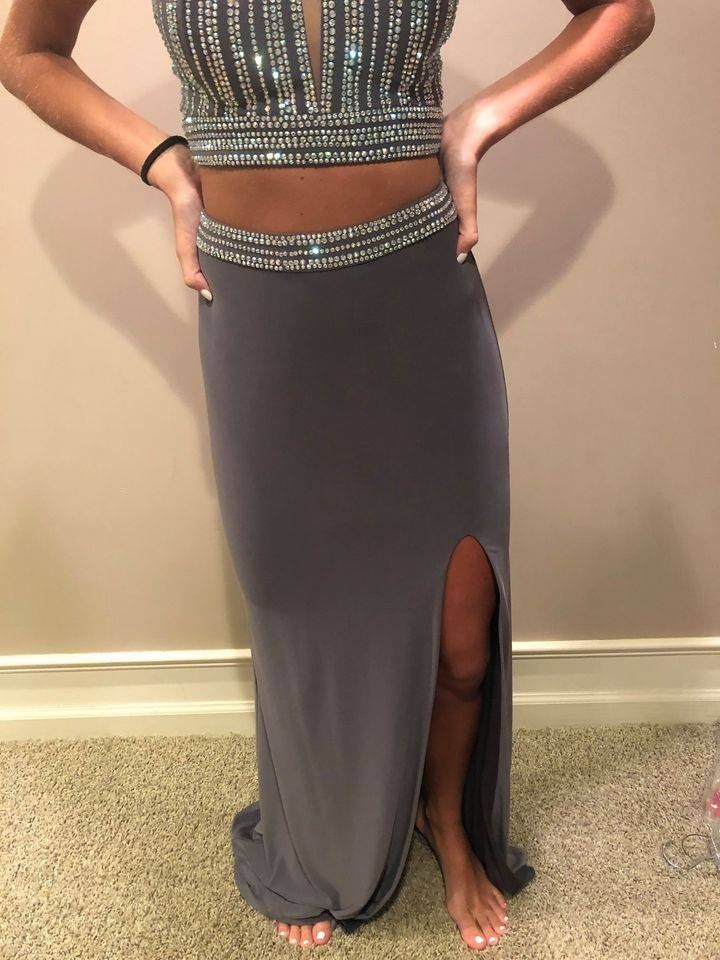Size 2 Prom High Neck Sequined Silver Side Slit Dress on Queenly