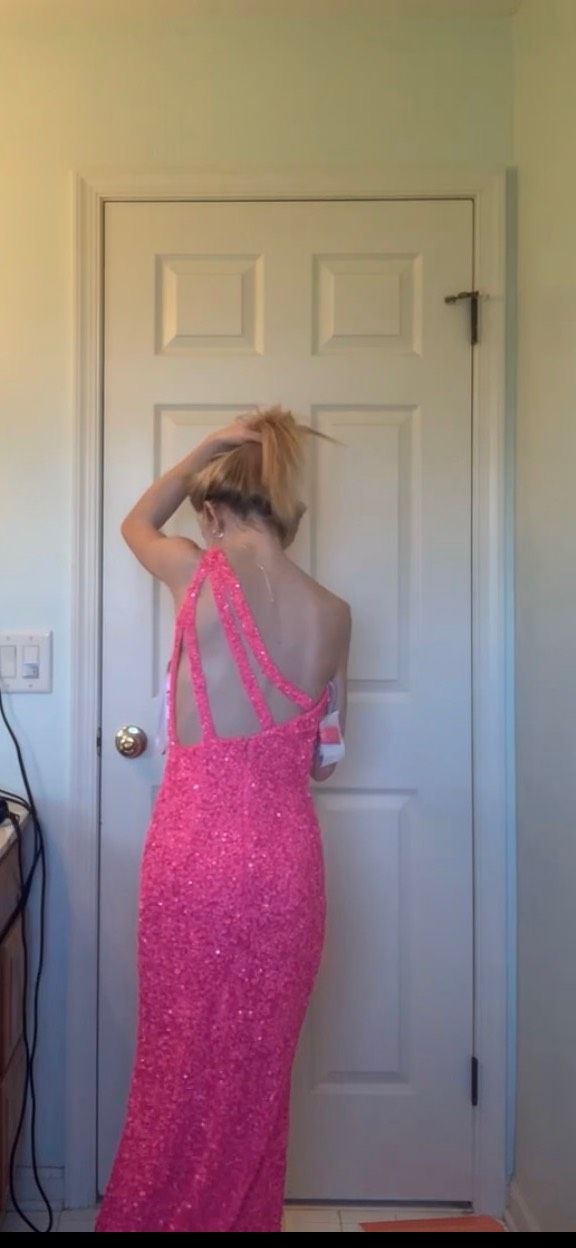 Sherri Hill Size 00 Prom One Shoulder Sequined Hot Pink Side Slit Dress on Queenly