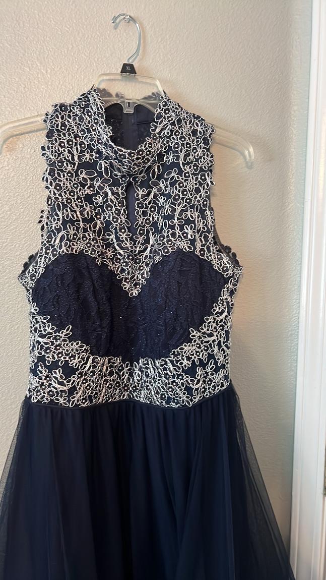 Size 14 Prom High Neck Navy Blue Ball Gown on Queenly
