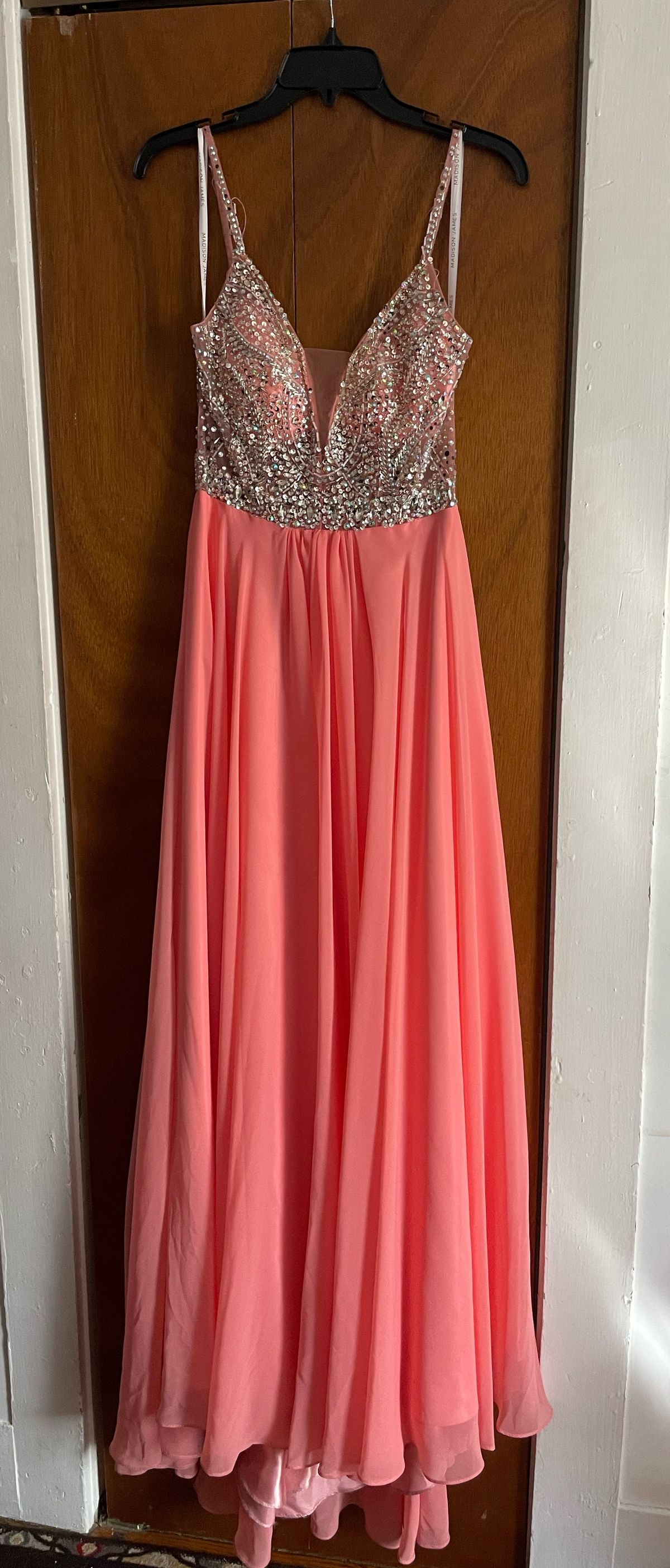 Madison James Size 10 Prom Sequined Coral Floor Length Maxi on Queenly