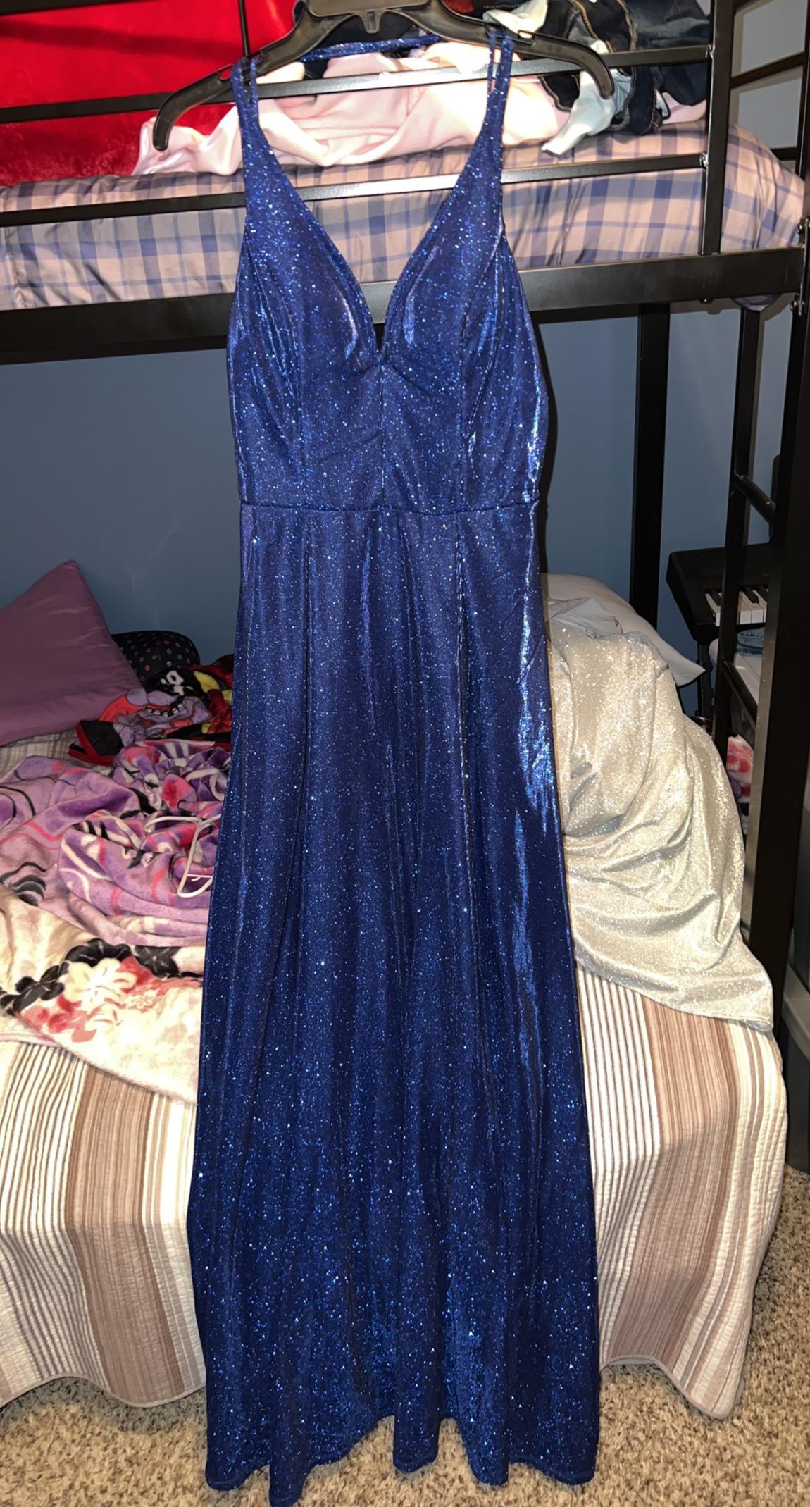 Size 12 Prom Sheer Navy Blue Floor Length Maxi on Queenly