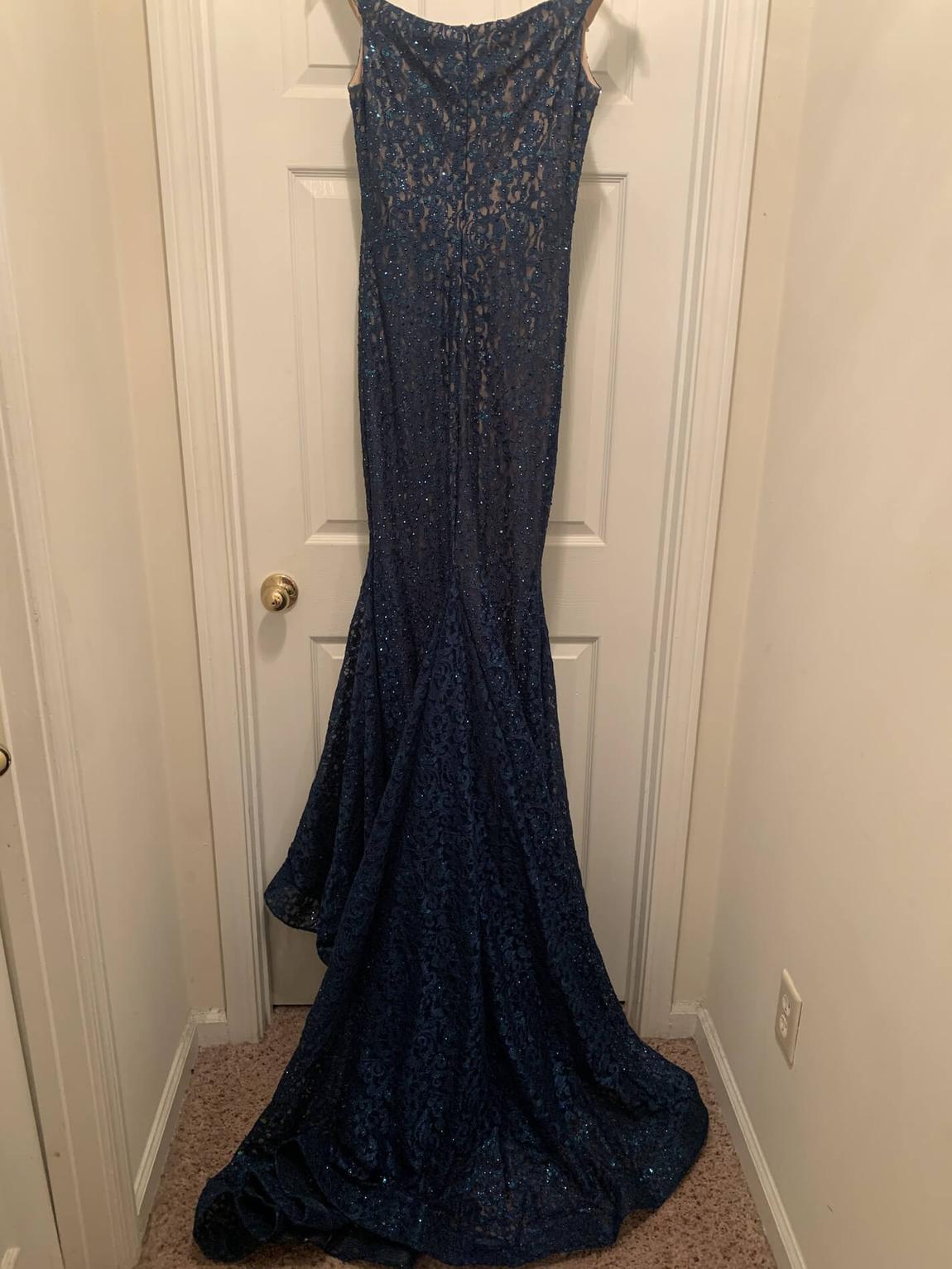 Jovani Size 12 Prom Off The Shoulder Lace Blue Dress With Train on Queenly