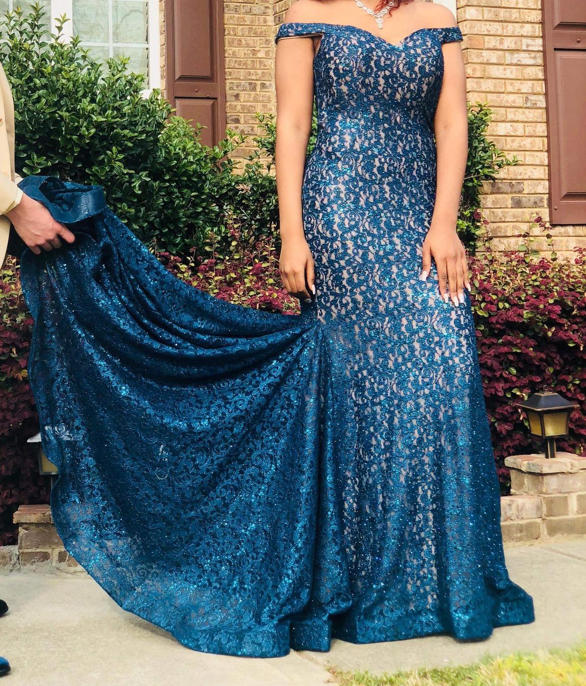 Jovani Size 12 Prom Off The Shoulder Lace Blue Dress With Train on Queenly