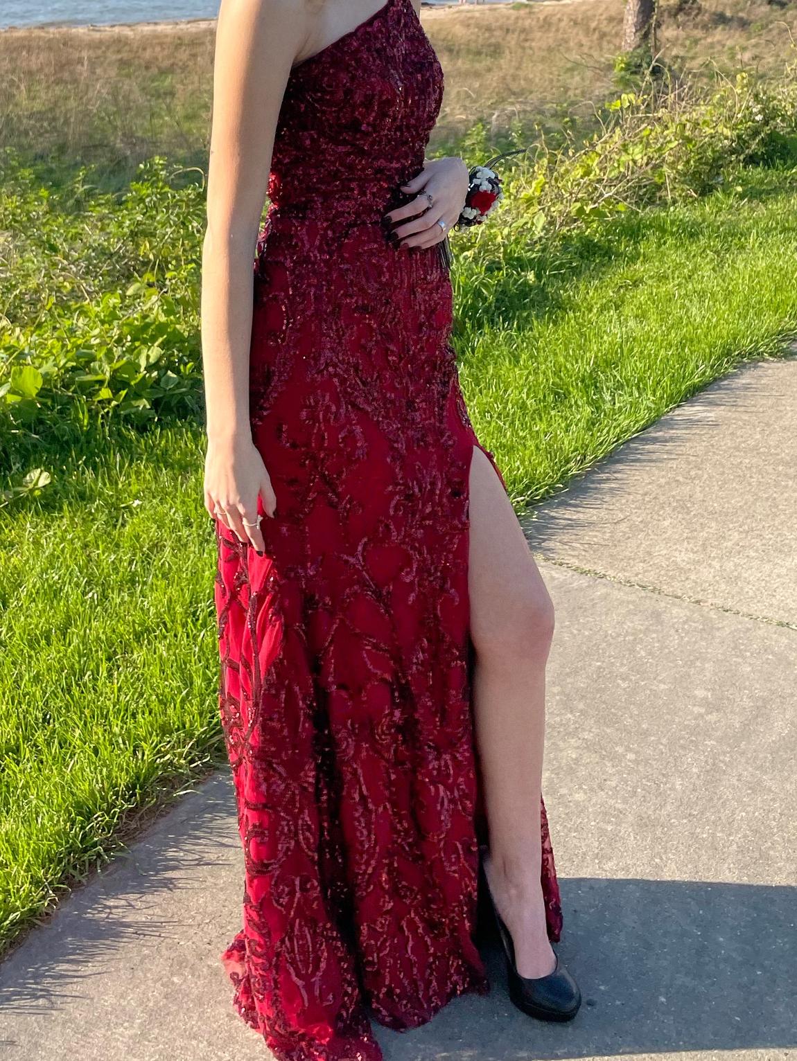 Sherri Hill Size 2 Prom One Shoulder Sequined Red Side Slit Dress on Queenly