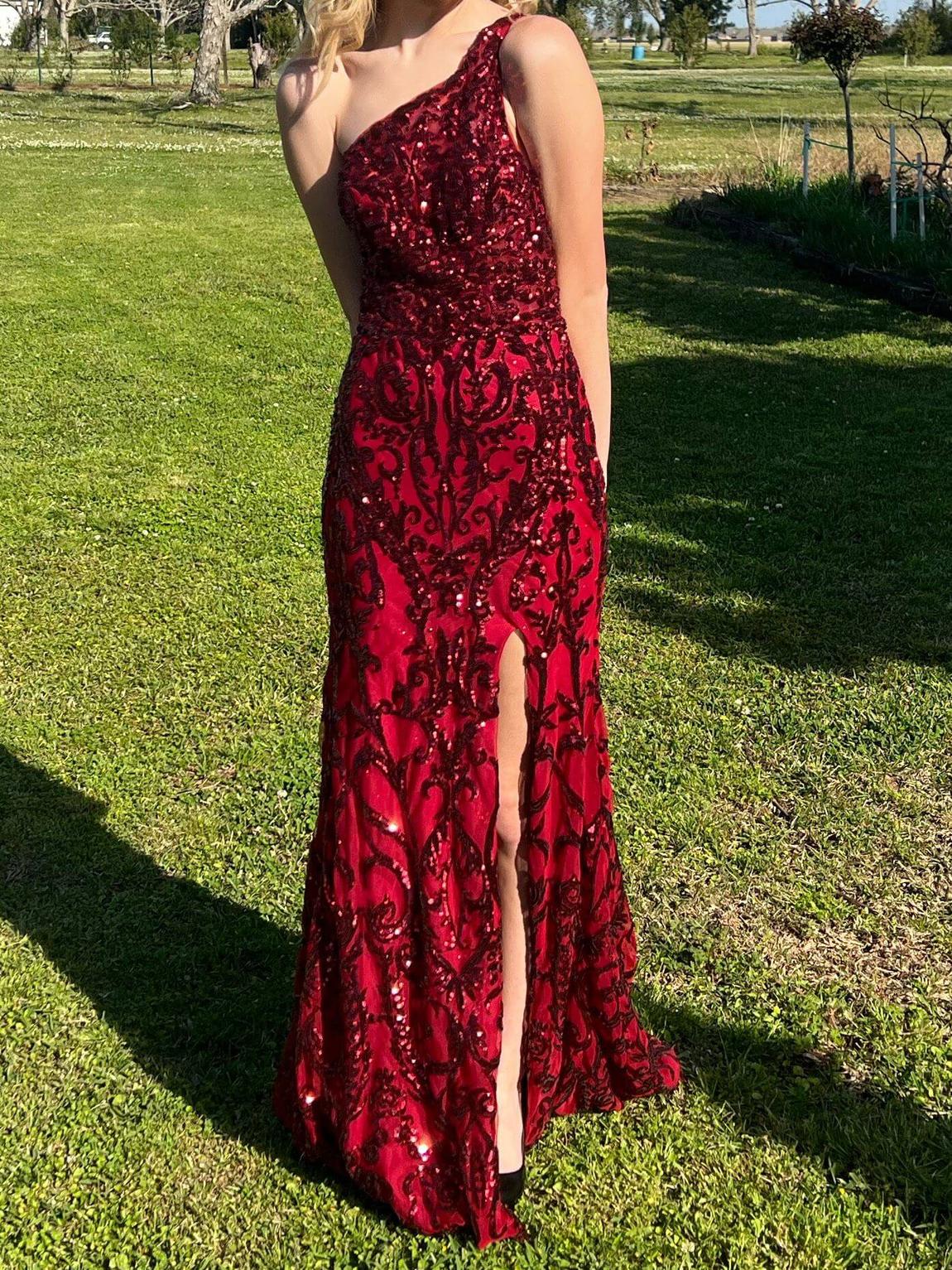 Sherri Hill Size 2 Prom One Shoulder Sequined Red Side Slit Dress on Queenly