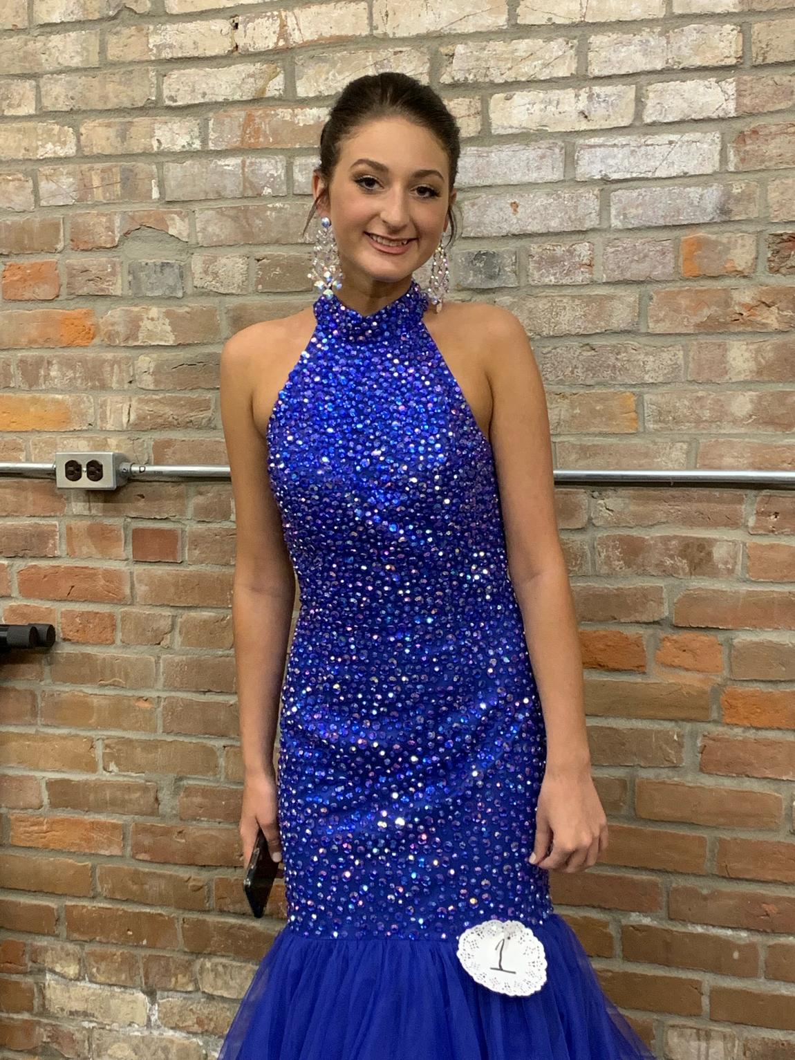 Sherri Hill Size 4 Pageant High Neck Sequined Blue Mermaid Dress on Queenly