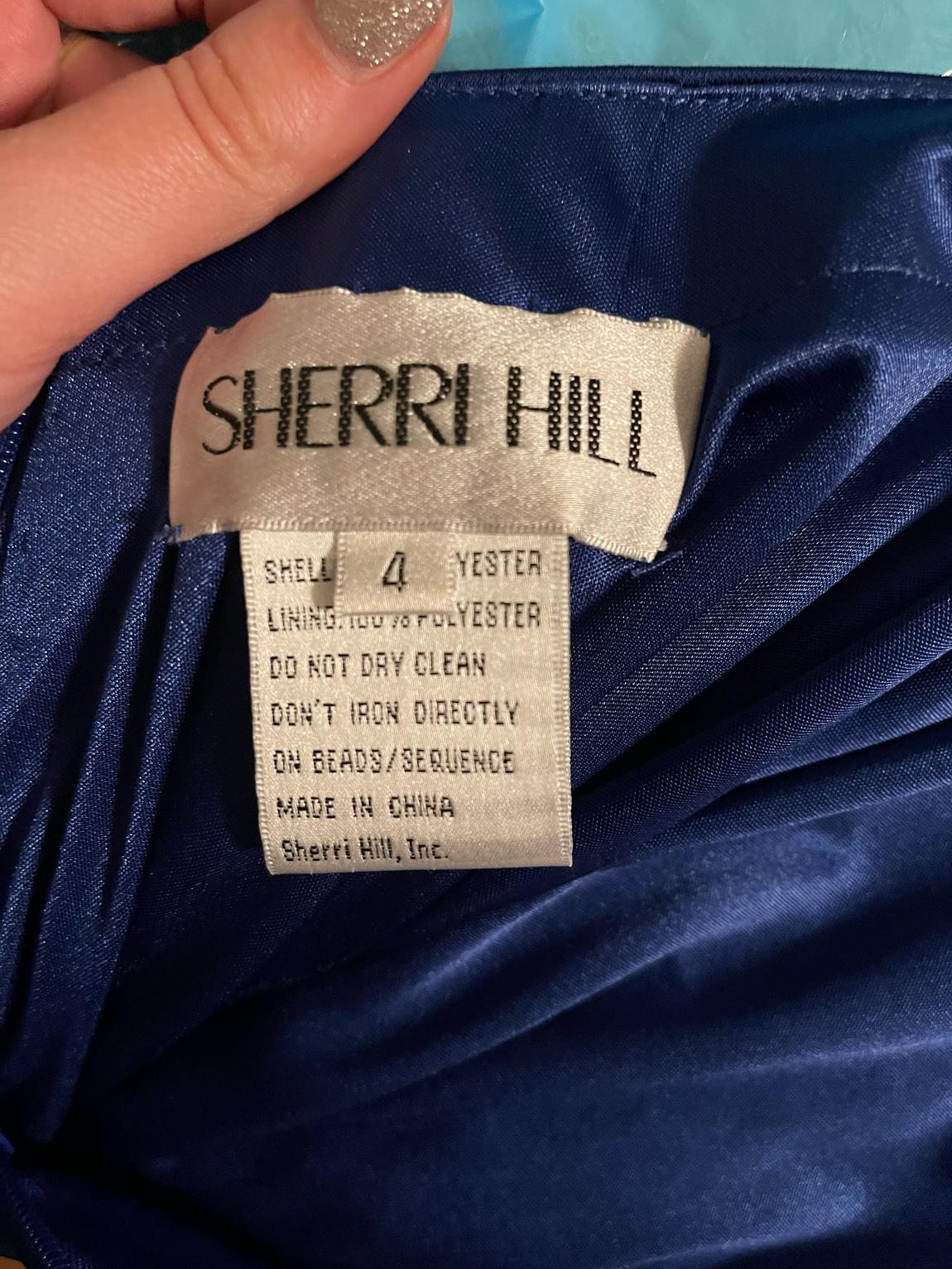 Sherri Hill Size 4 Prom High Neck Navy Blue Side Slit Dress on Queenly
