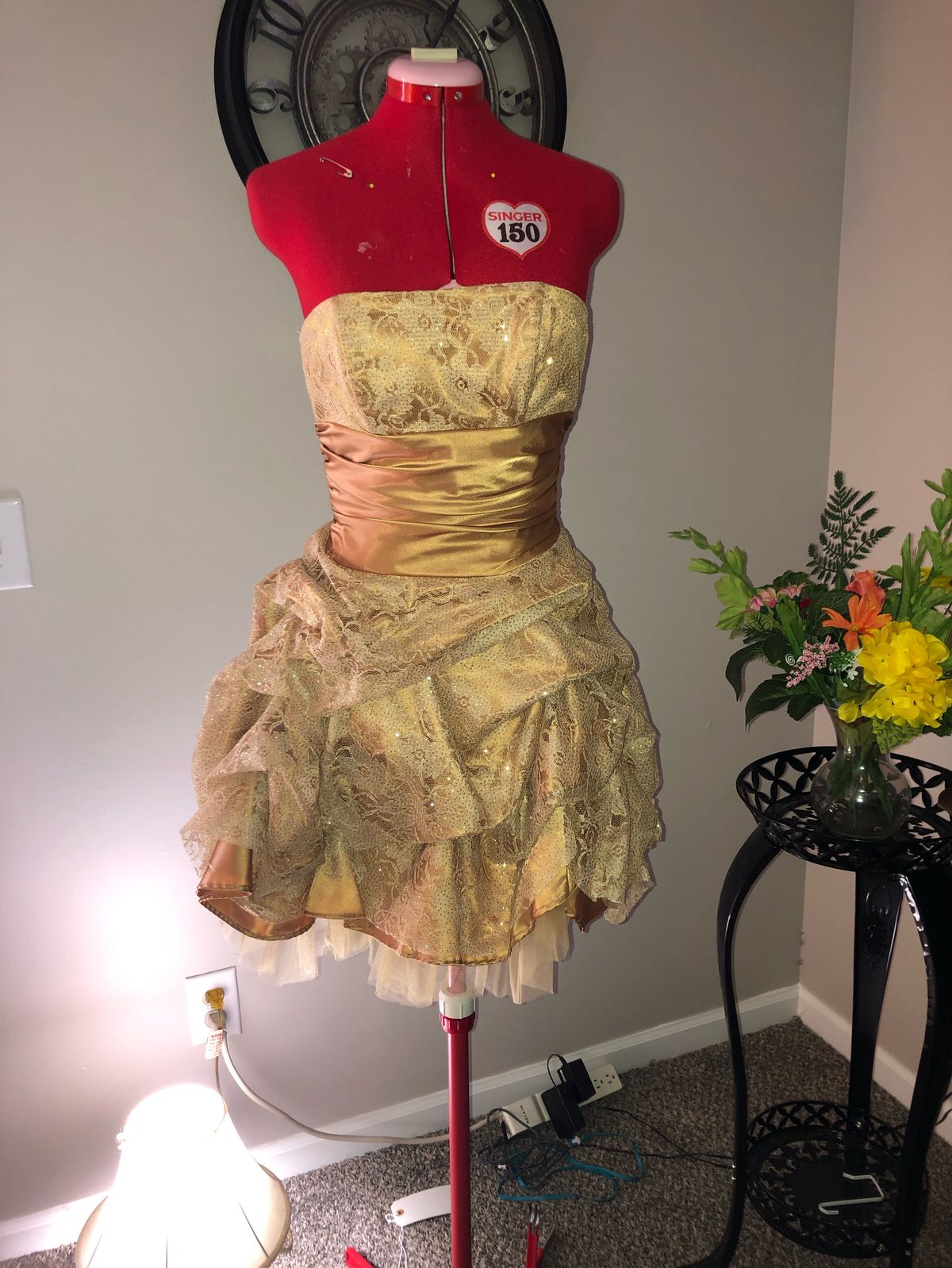 Masquerade Gold Size 4 Sequin Strapless Shiny Midi Cocktail Dress on Queenly