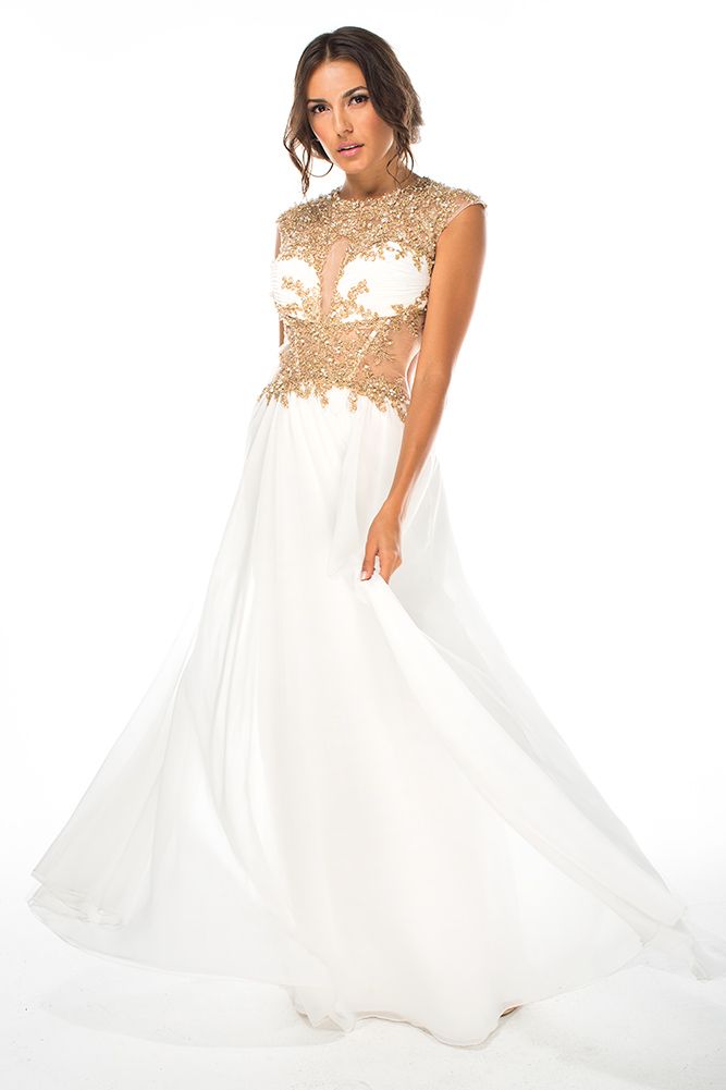 Style 16356 Brit Cameron Size 6 Lace White A-line Dress on Queenly
