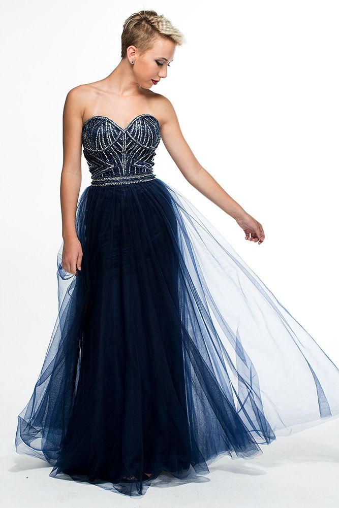 Style 16355 Brit Cameron Size 6 Sequined Navy Blue A-line Dress on Queenly