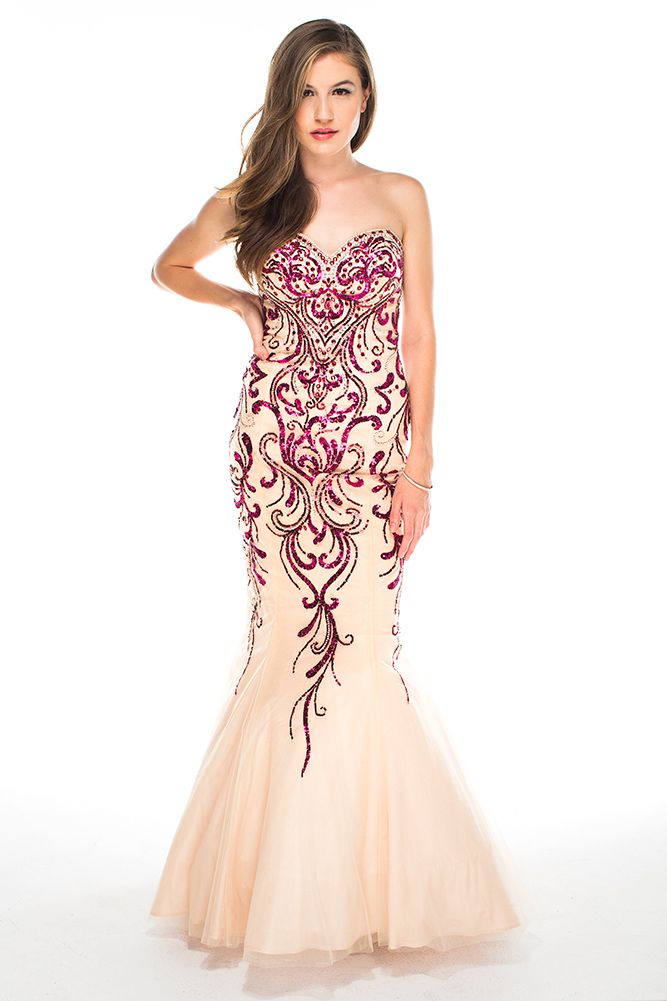 Style 16350 Brit Cameron Size 0 Pageant Burgundy Nude Mermaid Dress on Queenly