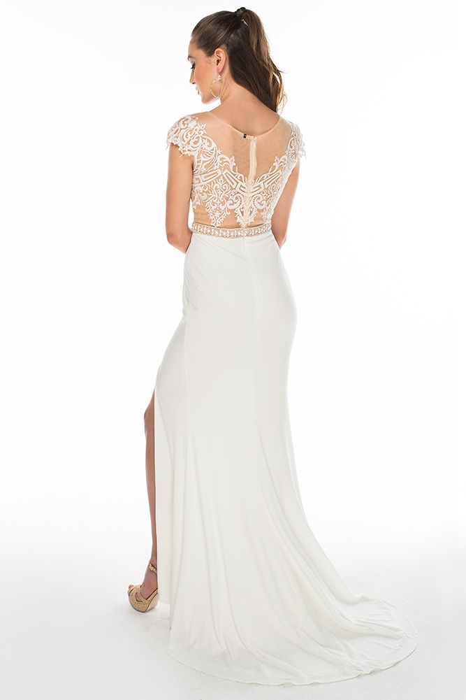 Style 16349 Brit Cameron Size 4 Lace White Side Slit Dress on Queenly