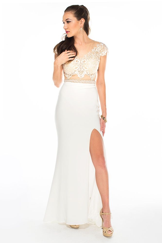 Style 16349 Brit Cameron Size 0 Lace White Side Slit Dress on Queenly