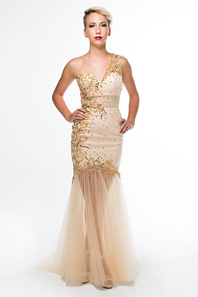 Style 16346 Brit Cameron Size 12 Lace Gold Mermaid Dress on Queenly
