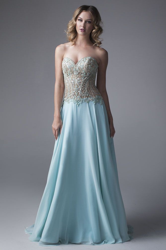 Style 15320 Brit Cameron Size 14 Sheer Blue A-line Dress on Queenly